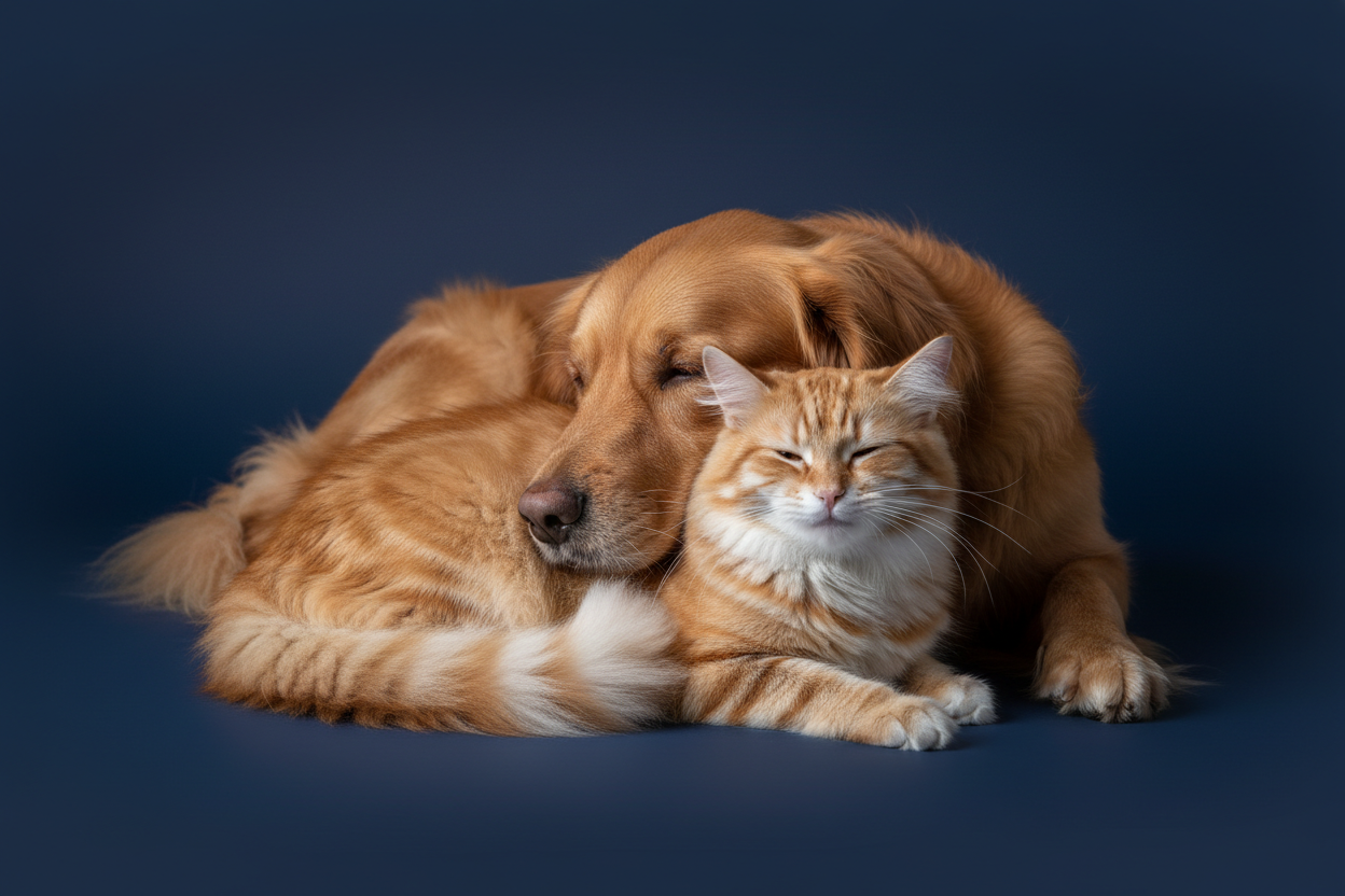 met moi un chien et un chat sur fond bleu marine 